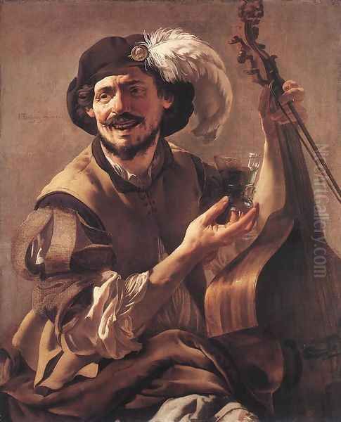 A Laughing Bravo with a Bass Viol and a Glass 1625 Oil Painting by Hendrick Terbrugghen