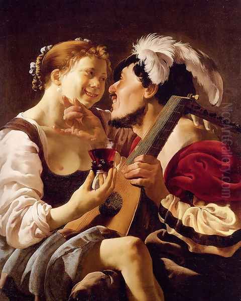 A Luteplayer Carousing With A Young Woman Holding A Roemer Oil Painting by Hendrick Terbrugghen