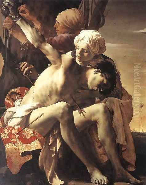 St Sebastian Tended by Irene and her Maid Oil Painting by Hendrick Terbrugghen