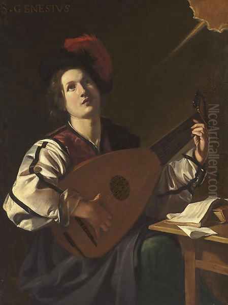 A musician, identified as Saint Genesius, playing a lute Oil Painting by Nicolas Tournier