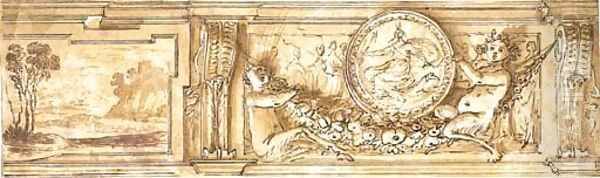 A study for a frieze decorated with a landscape and young satyrs holding a garland and supporting a medallion depicting Diana Oil Painting by Agostino Tassi