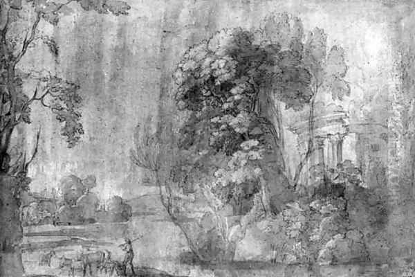 A classical Landscape with the Temple of Vesta, and a shepherd with his herd Oil Painting by Agostino Tassi