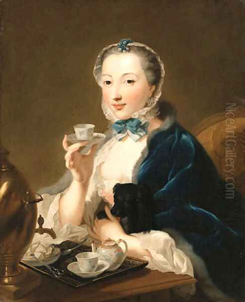 Portrait of the artist's wife, Marie Sophie Robert, half length, with a dog and holding a tea cup Oil Painting by Johann Heinrich The Elder Tischbein