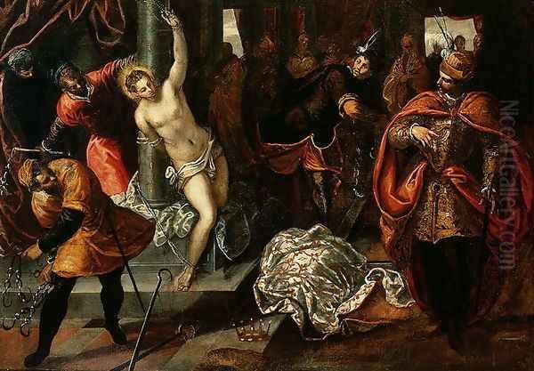 Saint Catherine of Alexandria being whipped in the presence of Emperor Maxentius Oil Painting by Jacopo Tintoretto (Robusti)