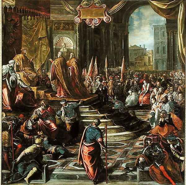 The Envoy of Pope Alexander III 1105-81 and Doge Sebastiano Ziani d.1178 with Emperor Frederick Barbarossa 1122-90 Oil Painting by Jacopo Tintoretto (Robusti)