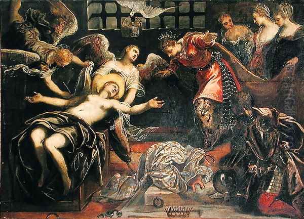 Saint Catherine of Alexandria receives a visit from the Roman Empress Faustina whilst in Prison Oil Painting by Jacopo Tintoretto (Robusti)