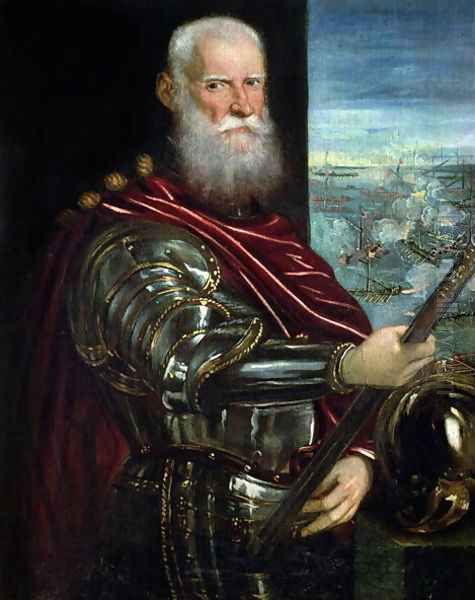 Portrait of Sebastiano Vernier d.1578 Commander-in-Chief of the Venetian forces in the war against the Ottoman Empire with the battle of Lepanto in the background, c.1571 Oil Painting by Jacopo Tintoretto (Robusti)