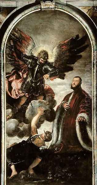 Archangel Michael vanqishing Lucifer in the presence of a Venetian senator Oil Painting by Jacopo Tintoretto (Robusti)