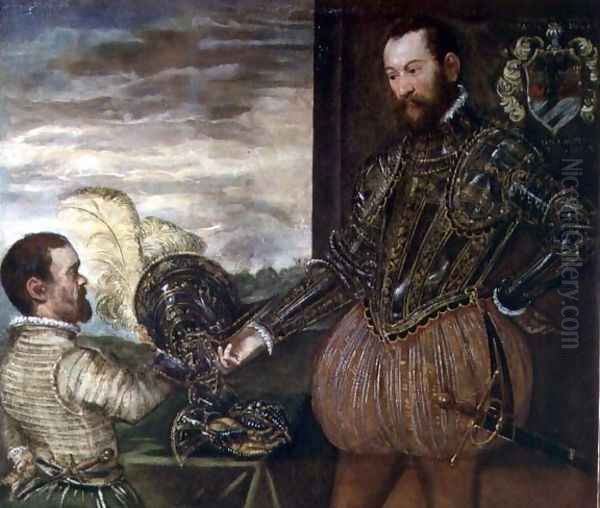 Scipio Clusone with a dwarf valet Oil Painting by Jacopo Tintoretto (Robusti)