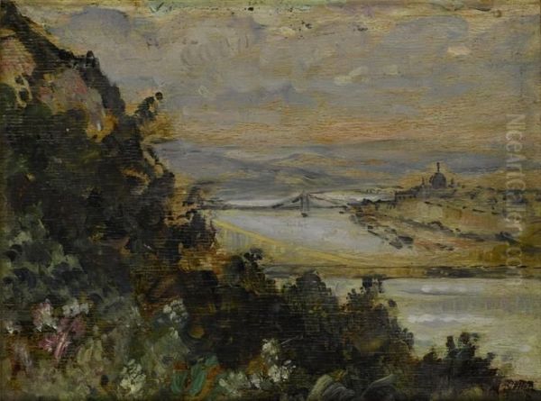 Landschaftstudie Mit Fluss Und Einer Stadt Am Horizont Oil Painting by Janos Vaszary