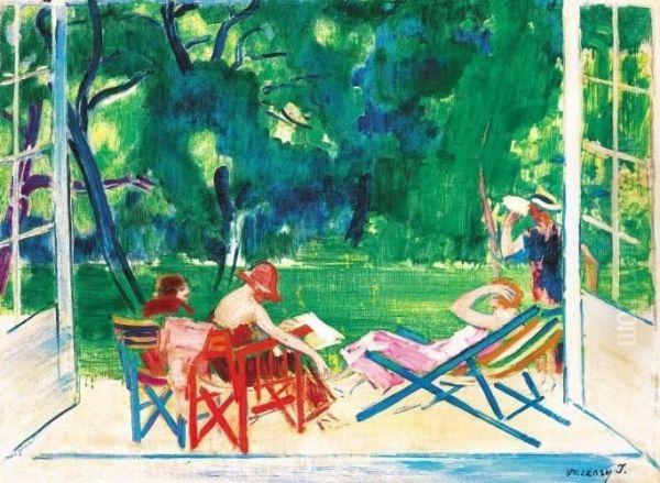 Women Sitting In The Garden (in The Park), Late 1920's Oil Painting by Janos Vaszary