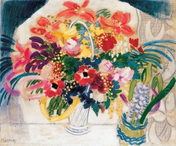 Still Life Of Flowers In The Window (great Still Life Of Flowers), About 1930 Oil Painting by Janos Vaszary