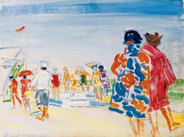 Beach In Rimini With Bathers Oil Painting by Janos Vaszary