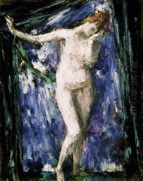 Nude With Blue Background, About 1920 Oil Painting by Janos Vaszary