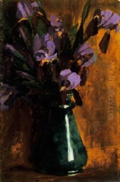 Irises In Green Glass Vase Oil Painting by Janos Vaszary