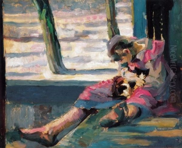 Girl In Pink Dress With A Cat, About 1905 - 1907 Oil Painting by Janos Vaszary