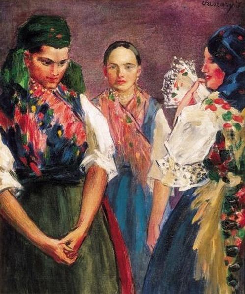 Girls In Their Sunday Best, About 1930 Oil Painting by Janos Vaszary