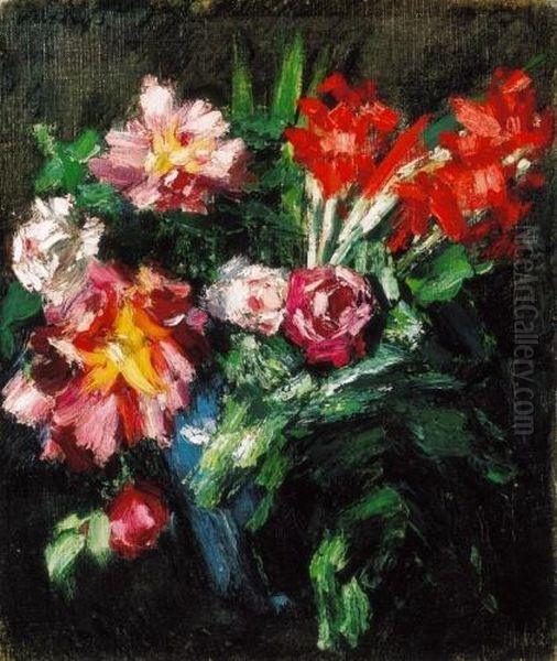 Still-life Of Flowers With Lillies And Roses Oil Painting by Janos Vaszary