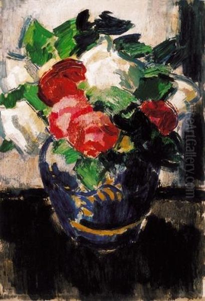 Roses In A Vase Oil Painting by Janos Vaszary