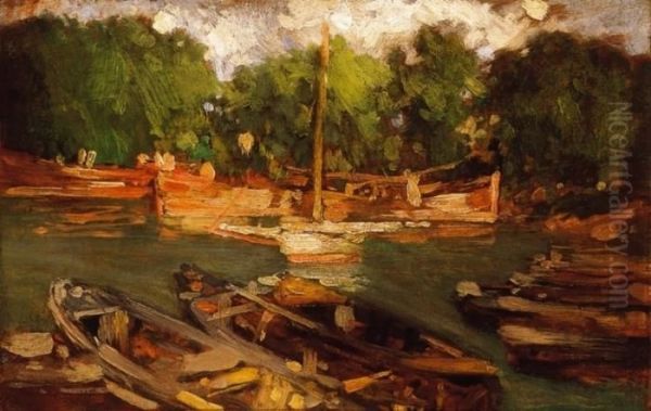 Harbour In Siofok Oil Painting by Janos Vaszary