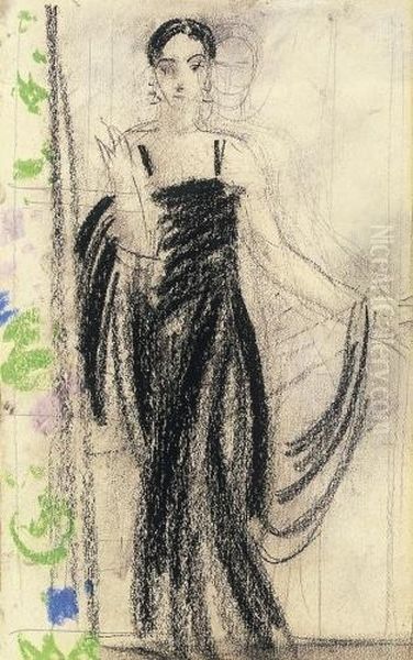 Lady In A Black Gown Oil Painting by Janos Vaszary