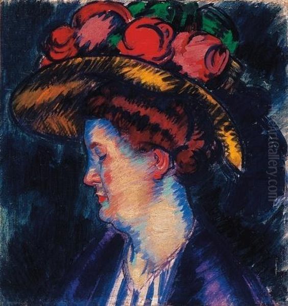 Lady In A Hat With Roses (the Artist's Wife) Oil Painting by Janos Vaszary