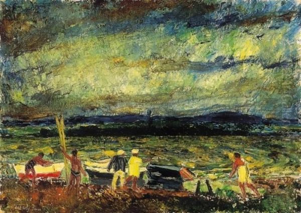 Rowers On The Riverside, About 1920 Oil Painting by Janos Vaszary