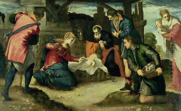 The Adoration of the Shepherds, 1540s Oil Painting by Jacopo Tintoretto (Robusti)