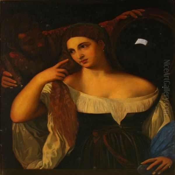 Woman With A Mirror Oil Painting by Tiziano Vecellio (Titian)