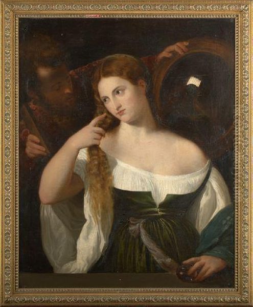 Woman With A 
Mirror Oil Painting by Tiziano Vecellio (Titian)