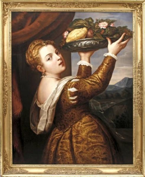 Junge Frau Mit Fruchtschussel Oil Painting by Tiziano Vecellio (Titian)