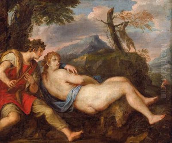 Il Pastore E La Ninfa In Un Paesaggio Montagnoso Oil Painting by Tiziano Vecellio (Titian)