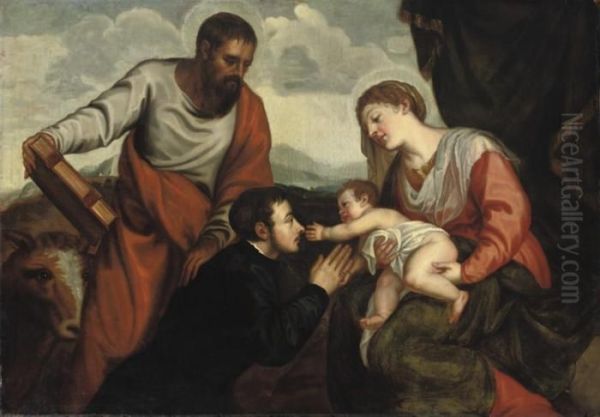 The Virgin And Child With Saint Luke And A Kneeling Donor Oil Painting by Tiziano Vecellio (Titian)