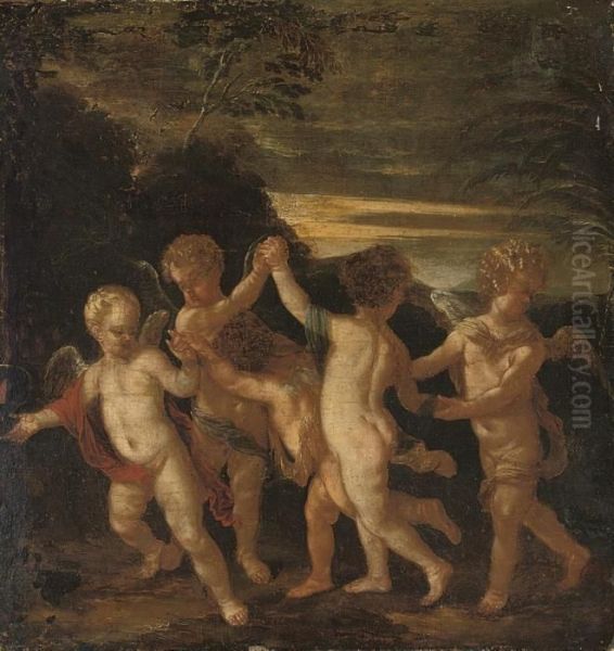 Putti Disporting In A Landscape Oil Painting by Tiziano Vecellio (Titian)