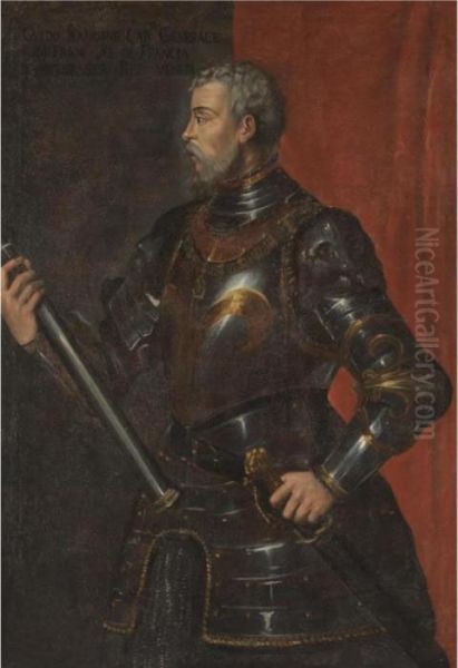 Portrait Of The The Condottiere 
Guido Rangoni (d. 1543), Half Length, Wearing Armour And Holding A 
Marshal's Baton Oil Painting by Tiziano Vecellio (Titian)