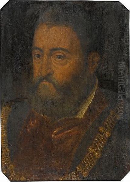 Portrait Of Alfonso D'este, Duke Of Ferrara, Bust-length, In Red Robes With A Gold Chain Oil Painting by Tiziano Vecellio (Titian)