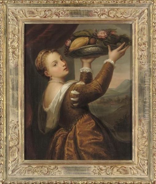 Portrait Of The Artist's 
Daughter, Lavinia, Half-length, Holding A Bowl Of Fruit And Flowers, In 
An Interior, A Landscape Beyond Oil Painting by Tiziano Vecellio (Titian)