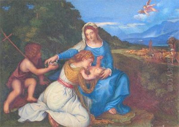 The Virgin And Child With St Elizabeth And St John The Baptist Oil Painting by Tiziano Vecellio (Titian)