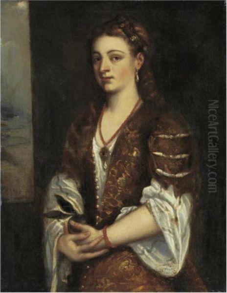 Young Woman Holding An Apple Oil Painting by Tiziano Vecellio (Titian)