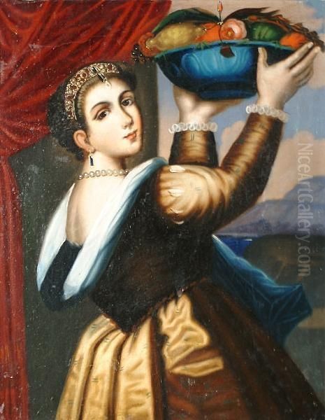 Woman With A Fruit Bowl Oil Painting by Tiziano Vecellio (Titian)