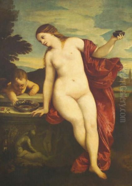 Venus And Cupid, Venus Standing 
On An Ornately Carved Balcony, Cupid Nearby And An Extensive Landscape 
Beyond Oil On Canvas, 118cm By 85cm *contained Within Its Original 
Elaborately Decorated 19th Century Gilt Plaster Frame See Illustration Oil Painting by Tiziano Vecellio (Titian)