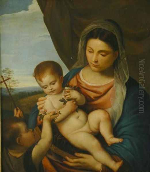 Madonna And Child With The Infant John The Baptist Oil Painting by Tiziano Vecellio (Titian)