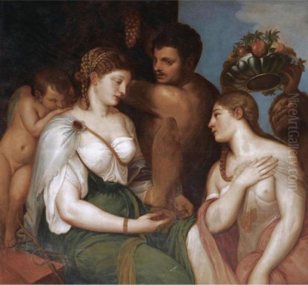 An Allegory With Venus, Bacchus And Ceres Oil Painting by Tiziano Vecellio (Titian)