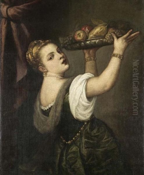 Brustbild Einer Jungen Frau, Welche Eine Fruchteschale Halt. Oil Painting by Tiziano Vecellio (Titian)