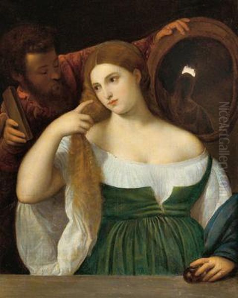 Donna Allo Specchio Oil Painting by Tiziano Vecellio (Titian)