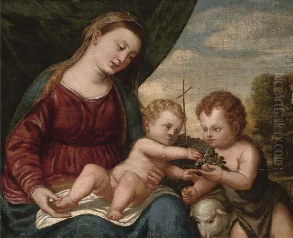 The Madonna And Child With The Infant Saint John The Baptist Oil Painting by Tiziano Vecellio (Titian)