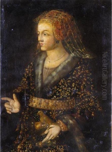 Portrait Of A Lady, 
Three-quarter Length, Wearing An Elaborately Embroidered Fur-lined Dress
 And With A Bird Perched On Her Finger Oil Painting by Tiziano Vecellio (Titian)