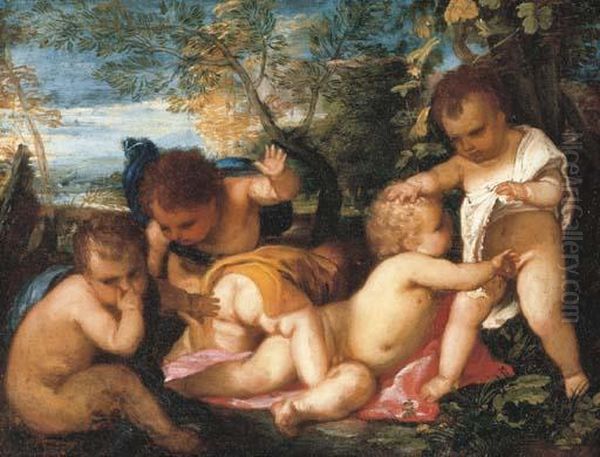 Putti Cavorting In A Landscape Oil Painting by Tiziano Vecellio (Titian)