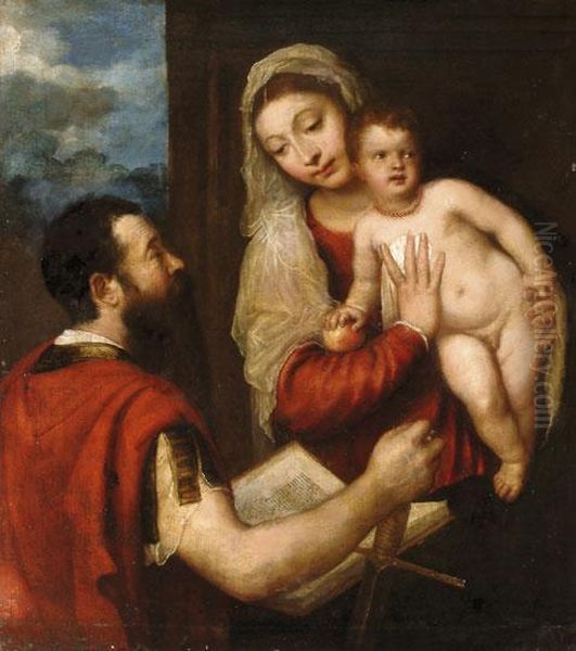 Maria Gyermekevel Es Egy Szent Pal Kepeben Megjeleno Donatorral Vedett - No Export Oil Painting by Tiziano Vecellio (Titian)