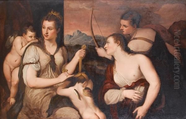 After Tiziano Vecellio, Called Titian, 17th Century Venus Blindfolding Cupid Oil Painting by Tiziano Vecellio (Titian)